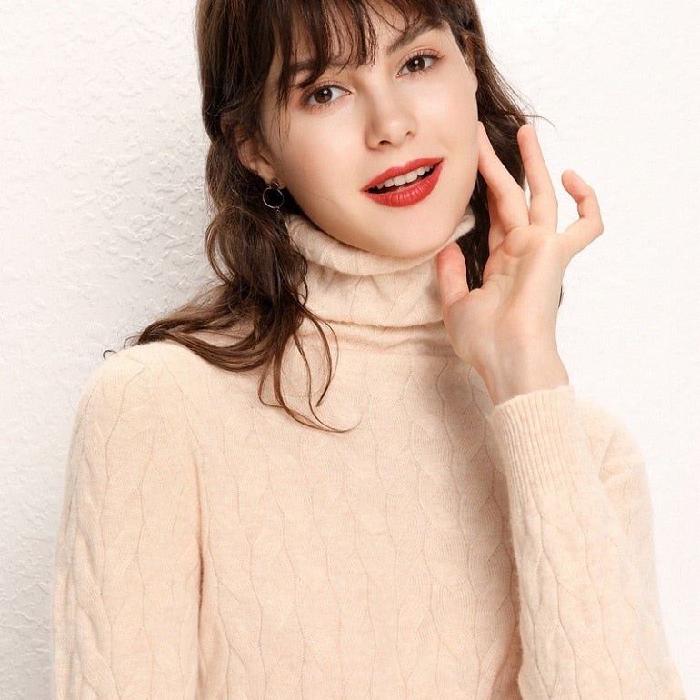 New Cashmere Wool Women Sweater and Pullovers Women Fashion Turtleneck Solid Color Long Sleeve Knitted Hemp Flowers Warm Sweater