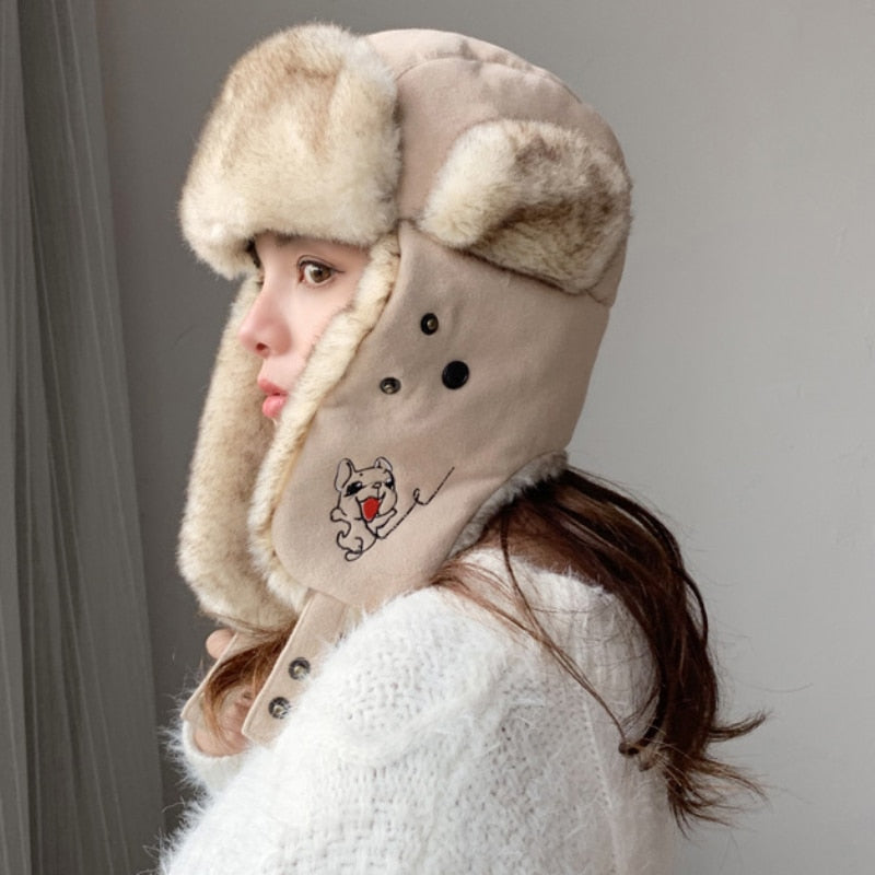 HT2876 Russian Hat Thick Warm Women Winter Hat Ladies Earflap Trapper Snow Ski Cap Female Mask Ushanka Fur Hat Women Bomber Hat