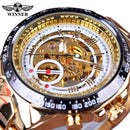 Forsining Waterproof Golden Black Skeleton Clock Two Button Decoration Mechanical Wrist Watches for Men Black Genuine Leather
