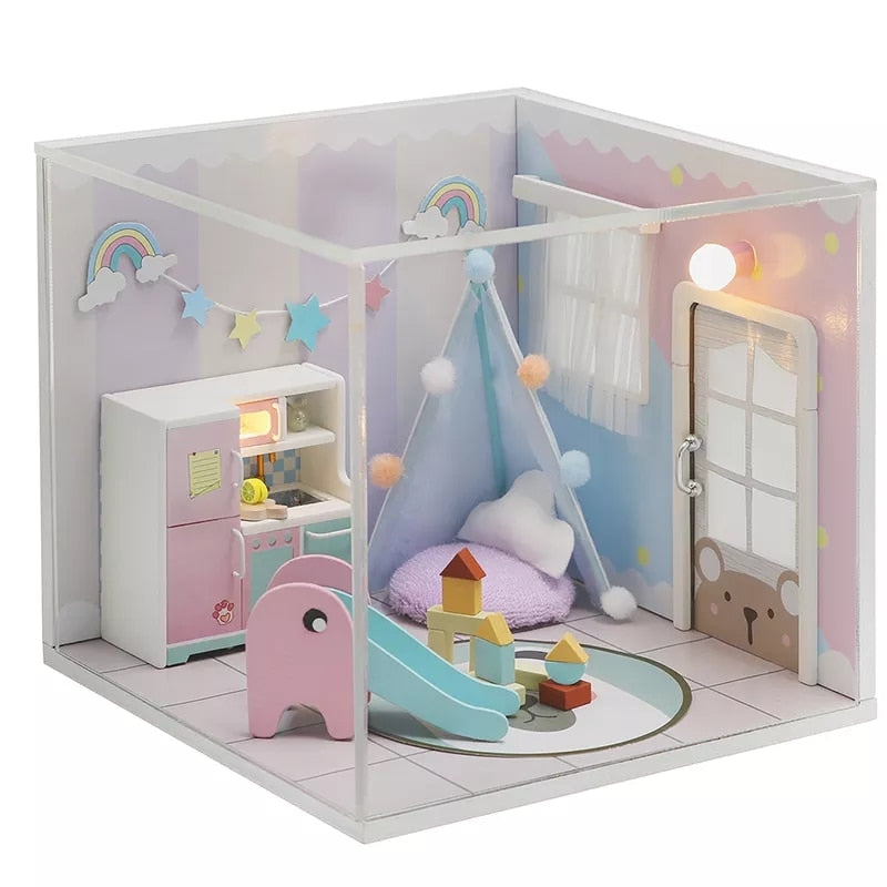 Cutebee DIYHouse miniatura con muebles LED música polvo cubierta modelo Juguetes De bloques De construcción para niños Casa De Boneca