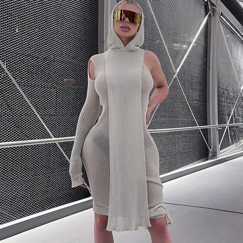 Herbst Frühling Clubwear Enges Kleid Ein Ärmel Stricken Asymmetrische Midikleider Skinny Ripped Hooded Streetwear Baddie Clothes