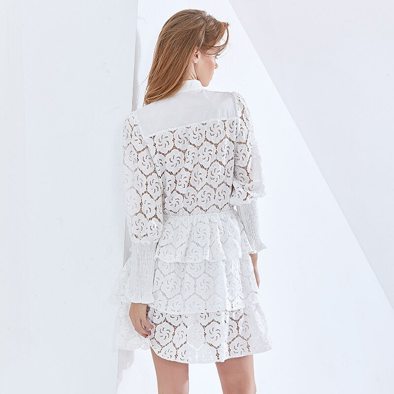 TWOTWINSTYLE Solid Color Embroidery Lace Summer Women Dress Long Sleeve High Waist White Dresses Female 2021 Womens Dresss New