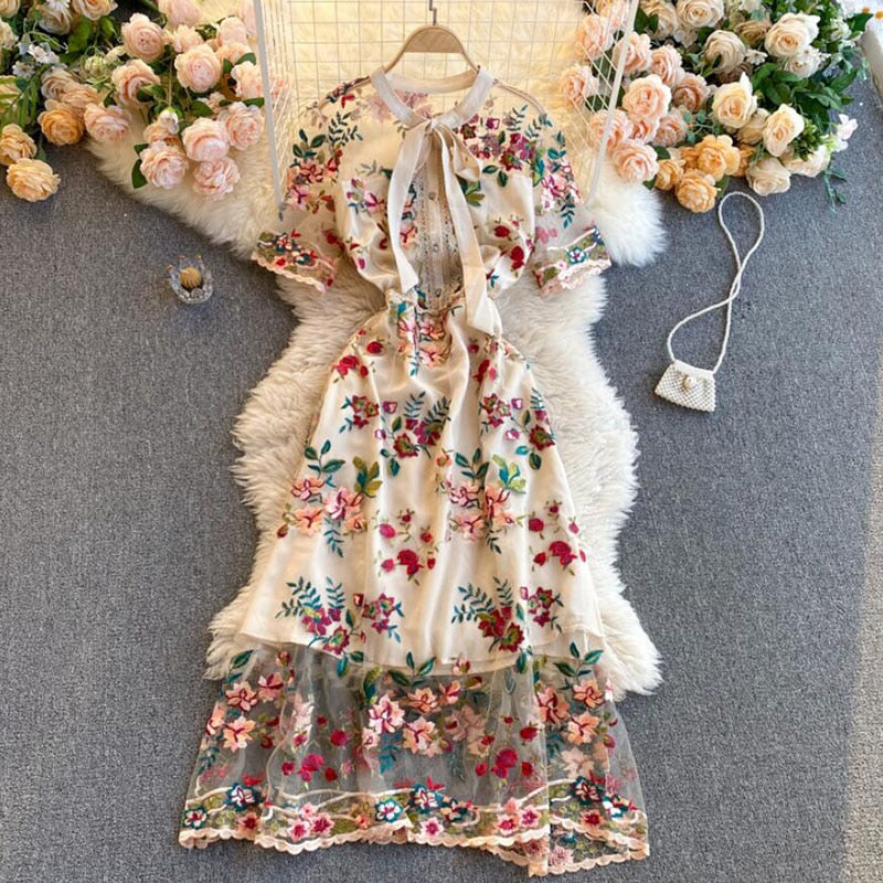Women Dress 2022 Summer French Vintage Ladies Temperament Bow Collar Flowers Embroidery Elegant Dress Party Vestido