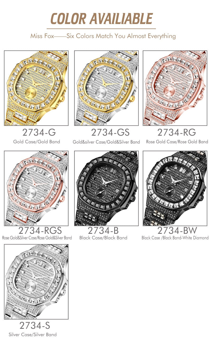 MISSFOX Iced Out Relojes Hombres Top Brand Luxury Watch Hombres Full Diamond Quartz-watch Bling Bling Hiphop Hot Rapper's Jewelry Watch