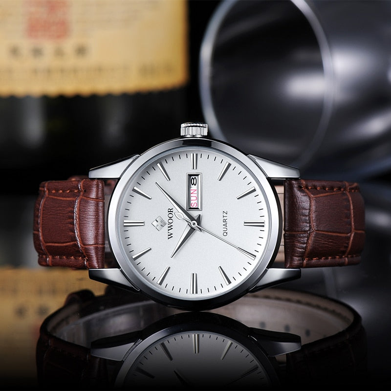 WWOOR Berühmte Marke Herrenuhr Tag Datum Analoge Quarzuhren Luxus Sport Business Leder Casual Armbanduhr relogio masculino