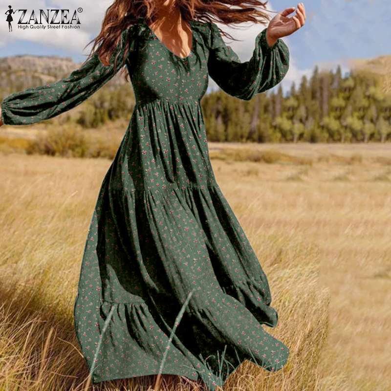 Women's Autumn Sundress ZANZEA 2023 Fashion Ruffle Maxi Dress Casual Puff Sleeve Tunic Vestidos Floral Print Robe