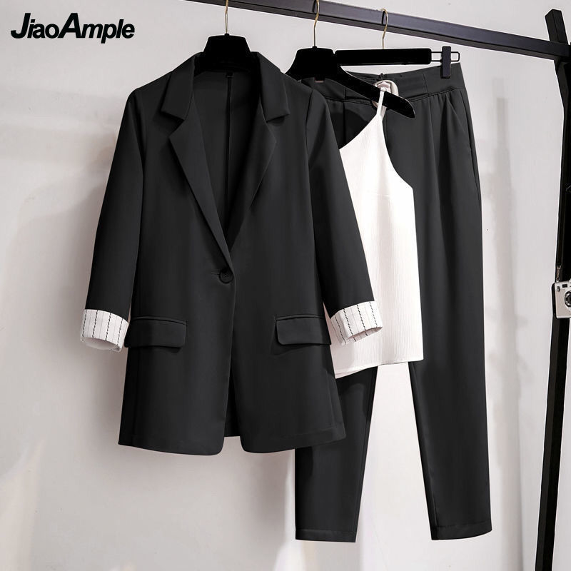 2021 Autumn New Suit Jacket Suspender Pants Three-piece Women&