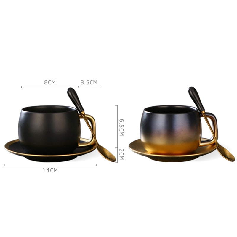 Luxus Schwarz Gold Keramik Kaffeetasse Espresso Kaffee Tee Frühstück Milch Tasse Und Untertasse Set Mit Löffel Und Untertasse Geschenkbox Set