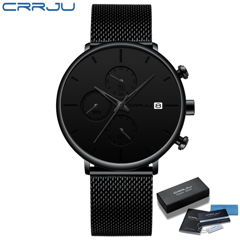 CRRJU Mens Watches Luxury Sport Wrist Watch Unique Design Stainless Steel Auto Date Mesh Strap Men Fashion Casual Quartz Watches