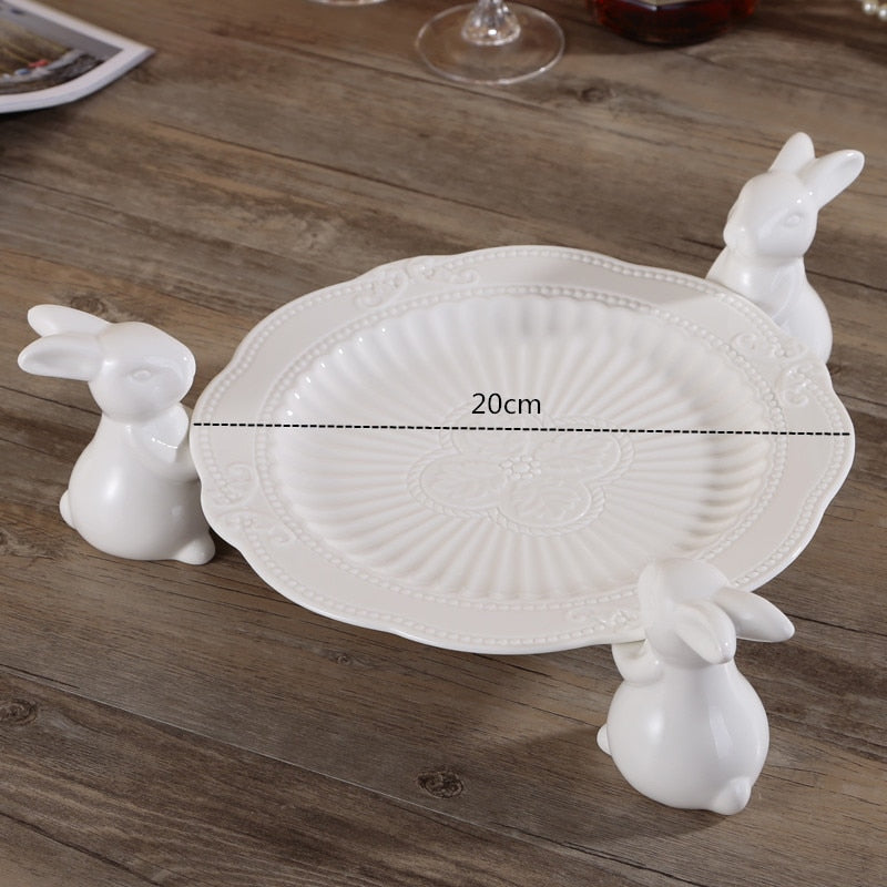 Ceramic Rabbit Plate Household Round Dinner Plate White Butterfly Embossed Craft Dessert Cake Plate Wedding Decoration Tableware