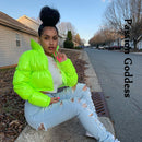 Mode süße Frauen helle PU rosa Pufferjacke Winter warme Blase Mäntel glänzende Leder Parkas Daunenreißverschluss geerntete Jacken Parkas