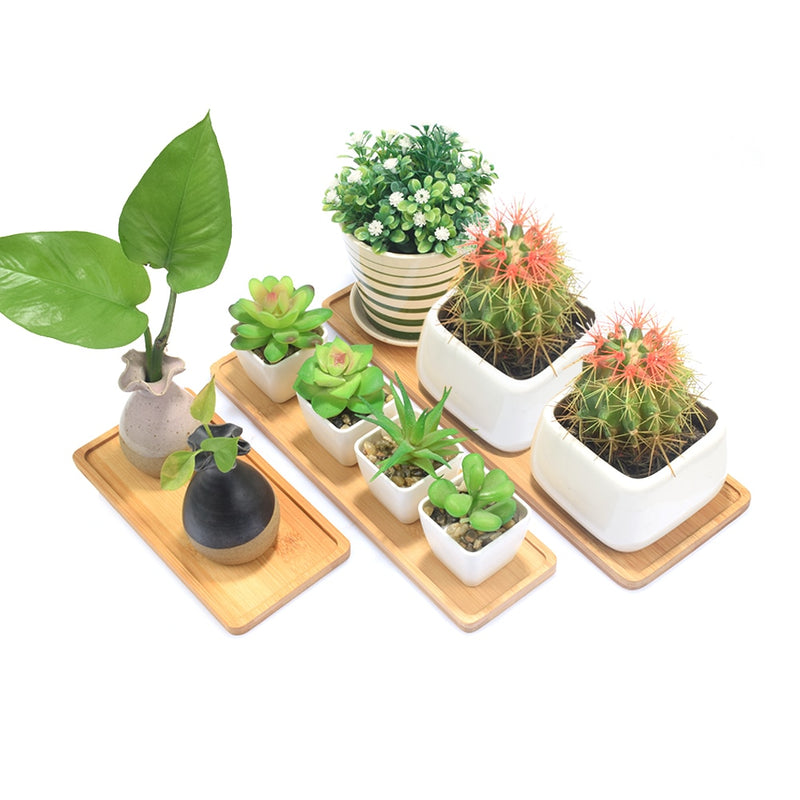 1pc Wooden Bamboo Tray Plant Flower Pot Saucer Rectangle Shape Succulent Cactus Holder Pot Tray Simple elegant Design Home Decor