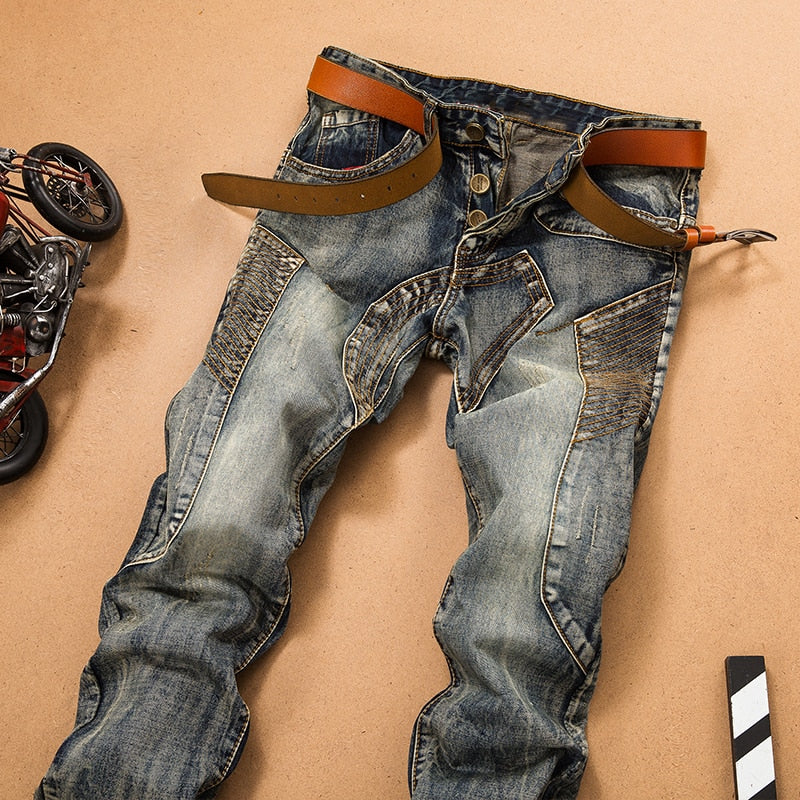 Herren-Jeans-Hosen Splicing Jean Denim-Hosen Biker-Qualität, männlich, gerade, lässig, Designer, viele bequeme Taschen