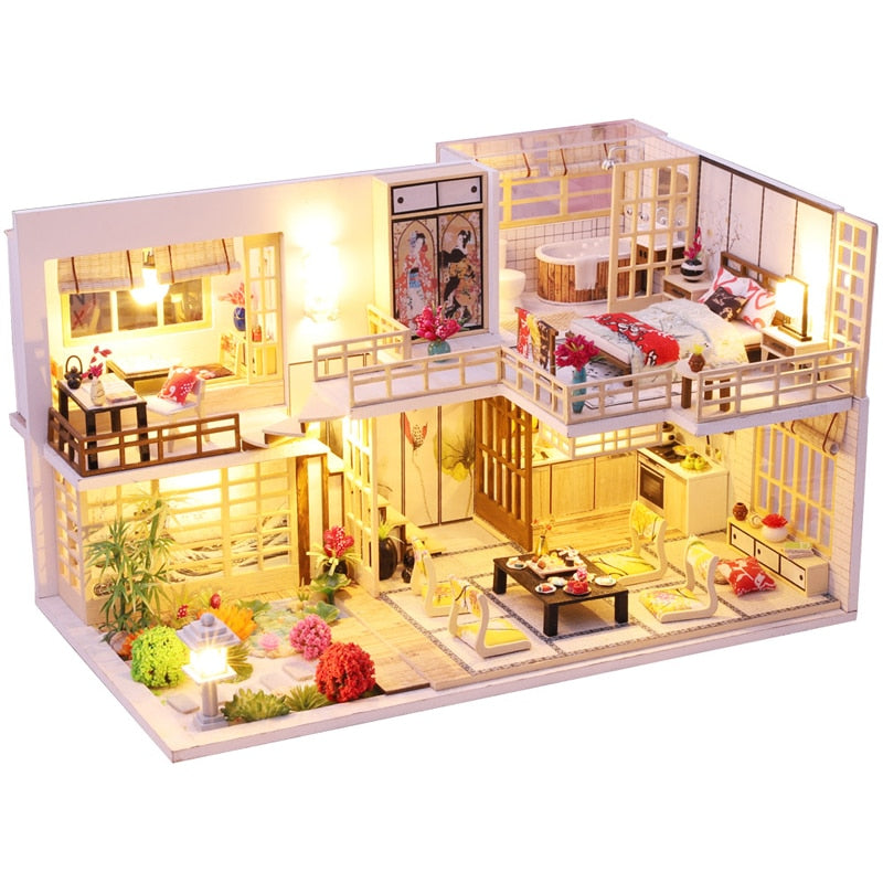 CUTEBEE Dollhouse Kit with Furniture Led Lights Diy Miniature House to Build Tiny Doll House Cozy Time for Children Toy Gift