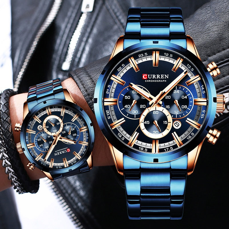 Curren Herrenuhr Blaues Zifferblatt Edelstahlband Datum Herren Business Herrenuhren Wasserdicht Luxus Herren Armbanduhren für Herren