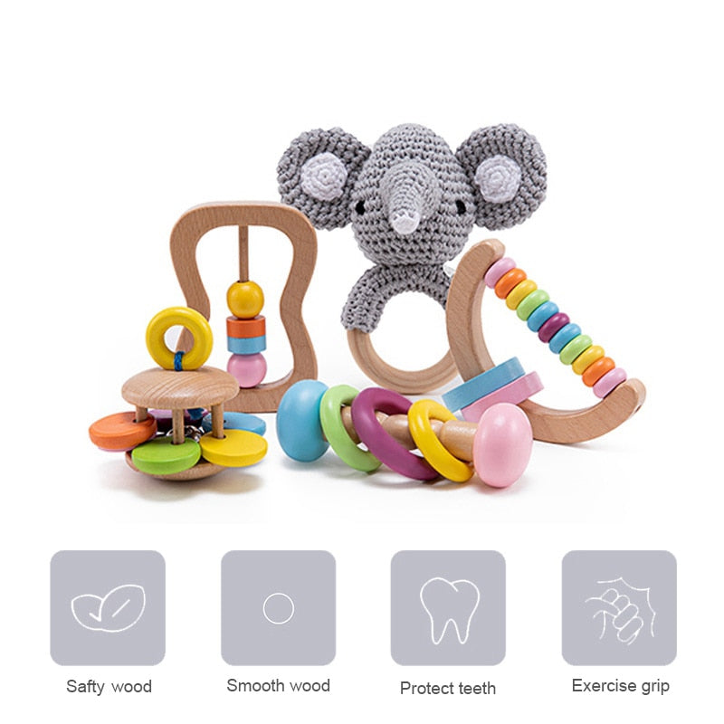 5PCS Organic Safe Wooden Toys Baby Montessori Toddler Toy Grip DIY Crochet Rattle Soother Bracelet Teether Toy Set Baby Product