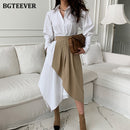 BGTEEEVR Stylish Women Turn-down Collar Irregular Shirt Dress Elegant Long Sleeve Female Pleated Dress 2021 Spring 2 Pieces