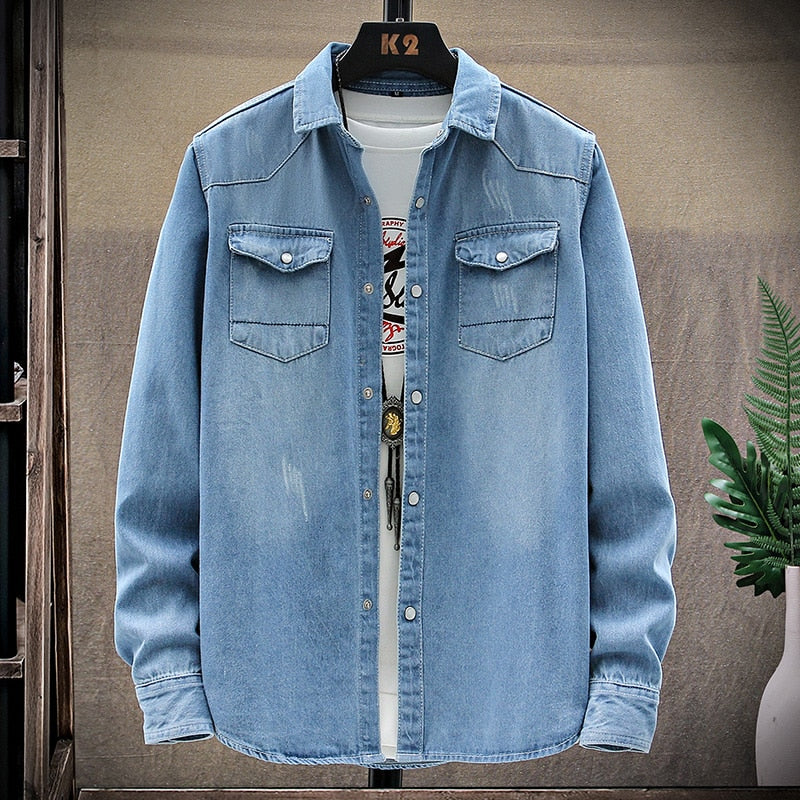 Denim Shirt Men Cotton Jeans Shirt Fashion Autumn Slim Long Sleeve Cowboy Shirt Stylish Wash Slim Tops Asian Size 3XL