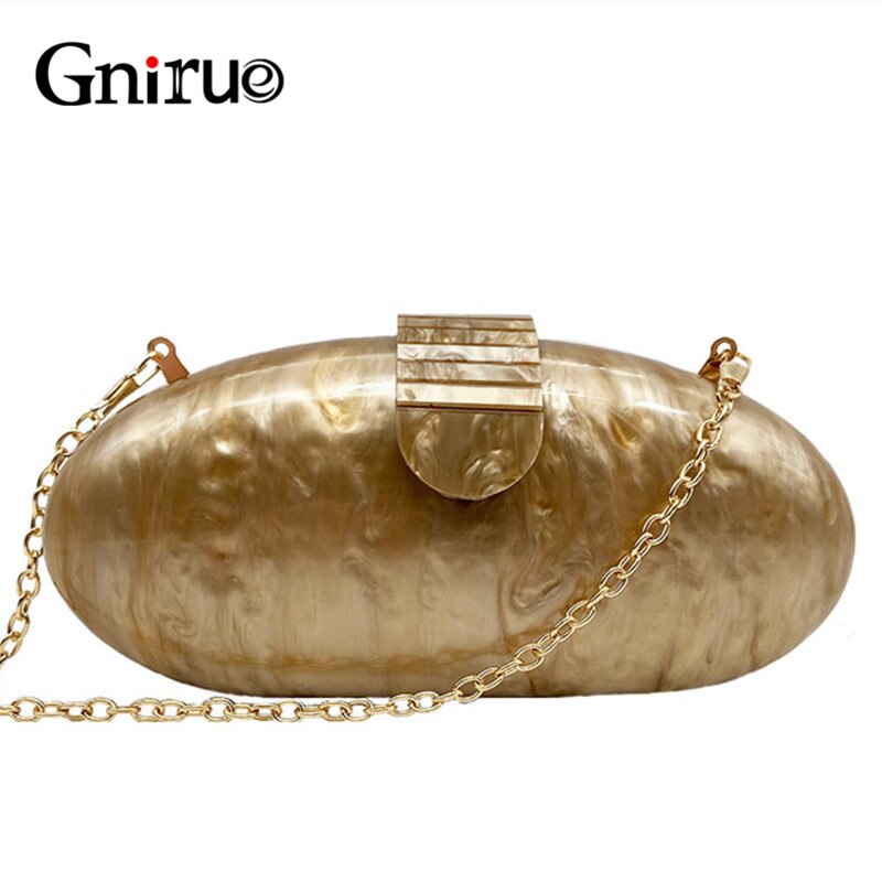 Marca Gnirue, cartera a la moda para mujer, bolso de noche redondo largo bonito de acrílico para mujer, bolso de lujo de mármol sólido para fiesta de graduación, bolso de mano informal