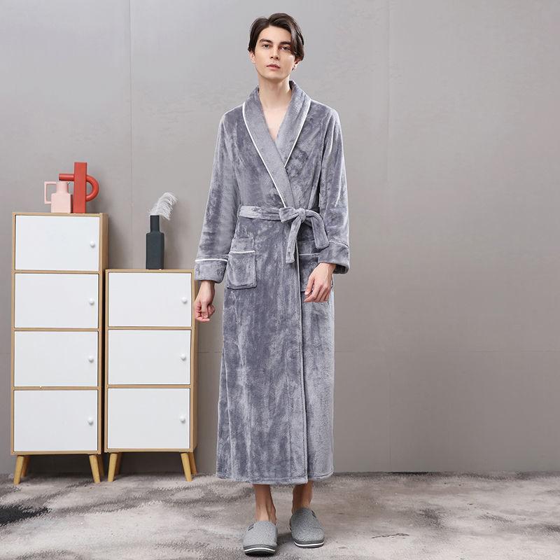 Men Plus Size 3XL Flannel Kimono Bath Gown Ultra Long Large Robe Coral Fleece Nightgown Lovers Couple Thick Warm Sleepwear MR001