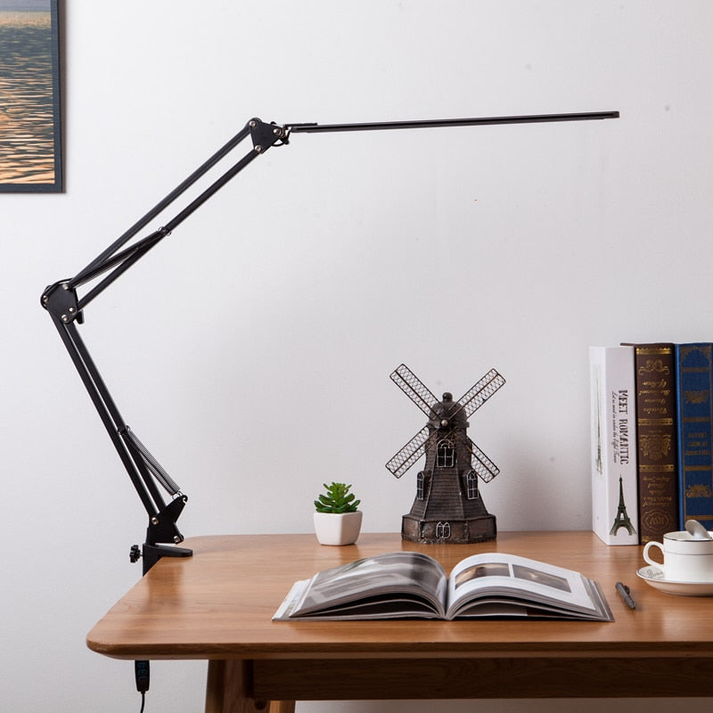 New LED Folding Metal Desk Lamp Clip on Light Clamp Long Arm Dimming Table Lamp 3 Colors For Living Room Reading Office Computer