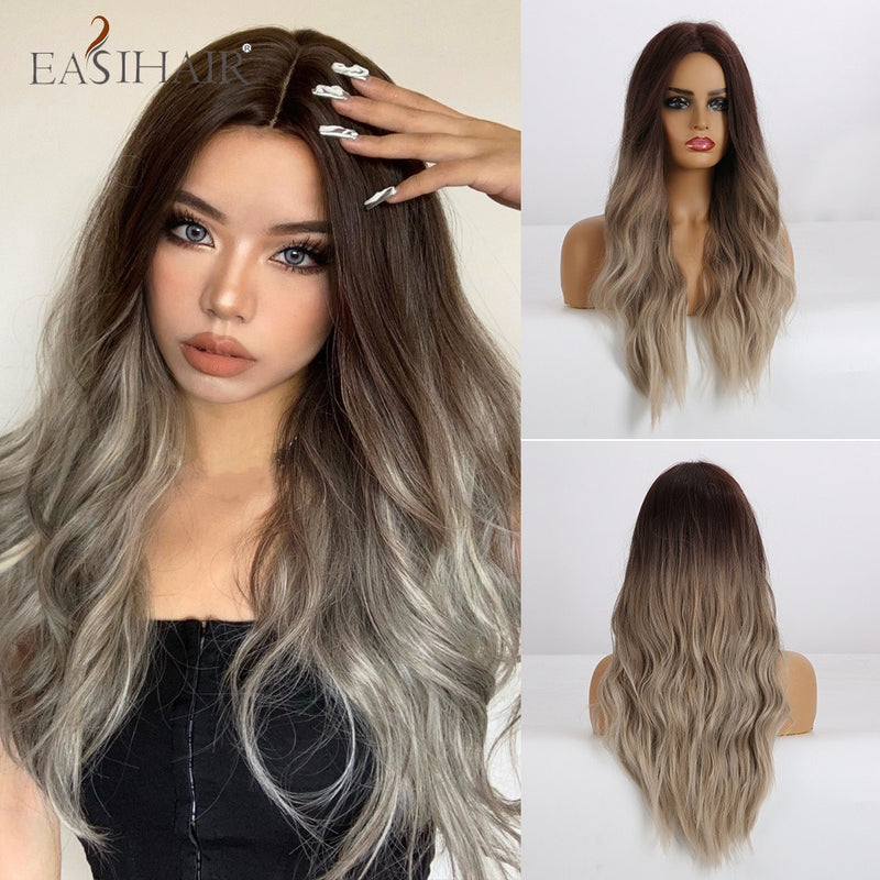 EASIHAIR Long Wavy Brown Synthetic Wigs With Blonde Highlights Cosplay Natural Hair Wigs High Temperature Fiber For Black Women