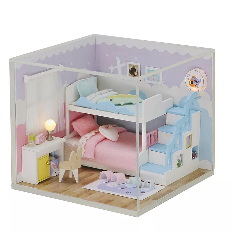 Cutebee DIYHouse miniatura con muebles LED música polvo cubierta modelo Juguetes De bloques De construcción para niños Casa De Boneca