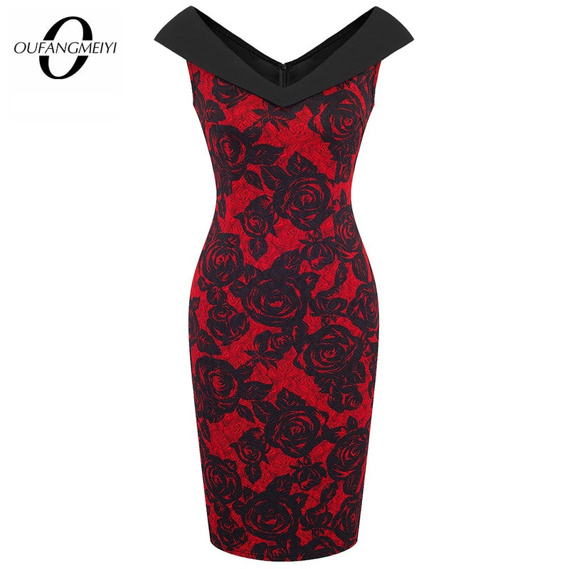 Women Floral Elegant V Neck Sheath Fitted Casual Work Party Sexy Sleeveless Summer Pencil Dress EB425