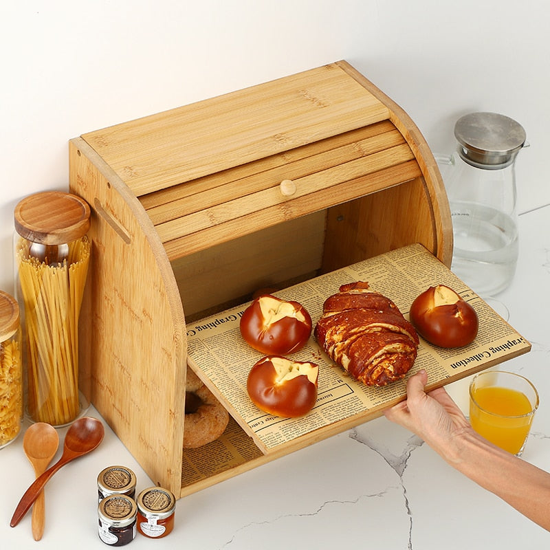 Storage Box Bamboo Bread Box Bins With Cutting Board Double Layers Food Containers Big Drawer Kitchen Organizer Home Accessories