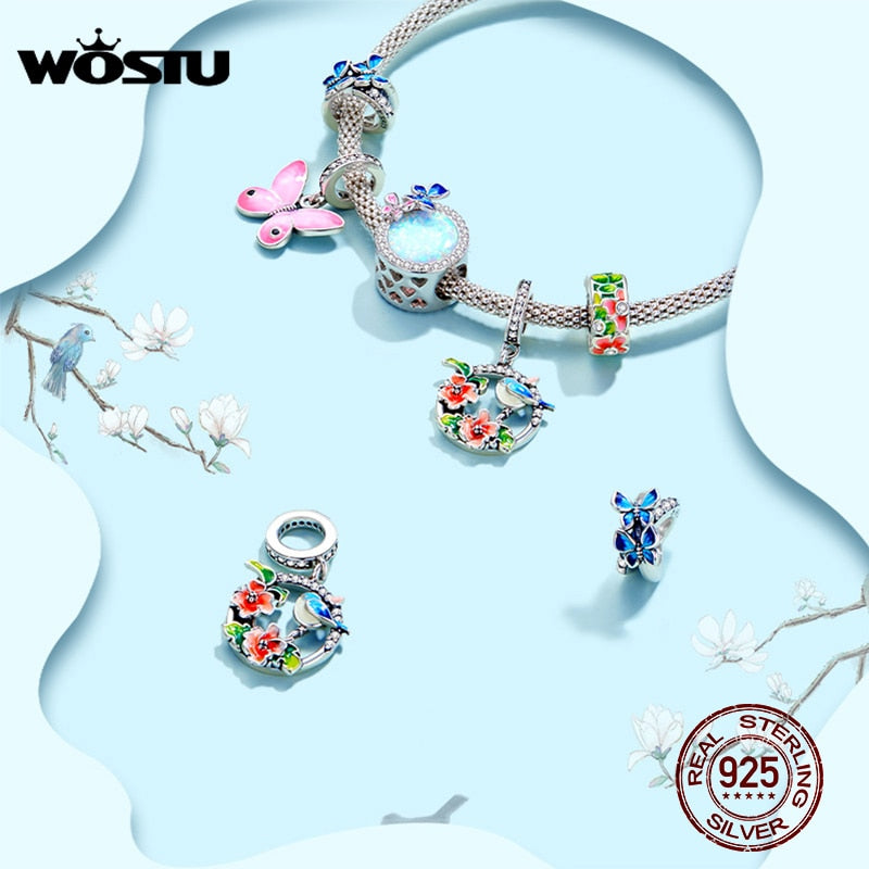 WOSTU 925 Sterling Silver Colorful Spring Charm Bird & Flower Pendant Fit Original Bracelet DIY Necklace Pendant Jewelry