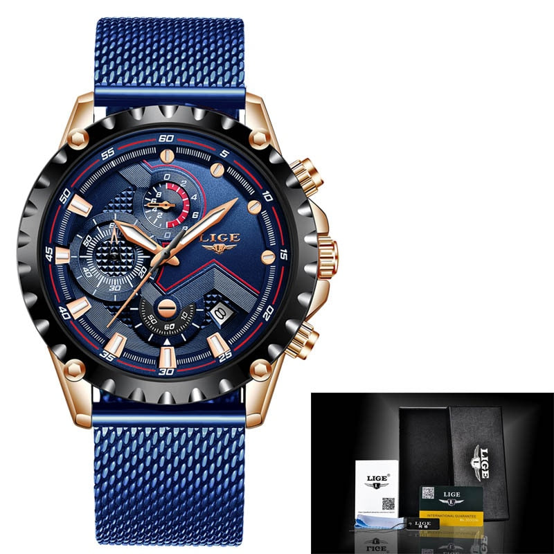 ¡Novedad de 2022! Reloj LIGE azul informal con correa de malla, reloj dorado de cuarzo a la moda para hombre, relojes de marca superior de lujo a prueba de agua, reloj Masculino