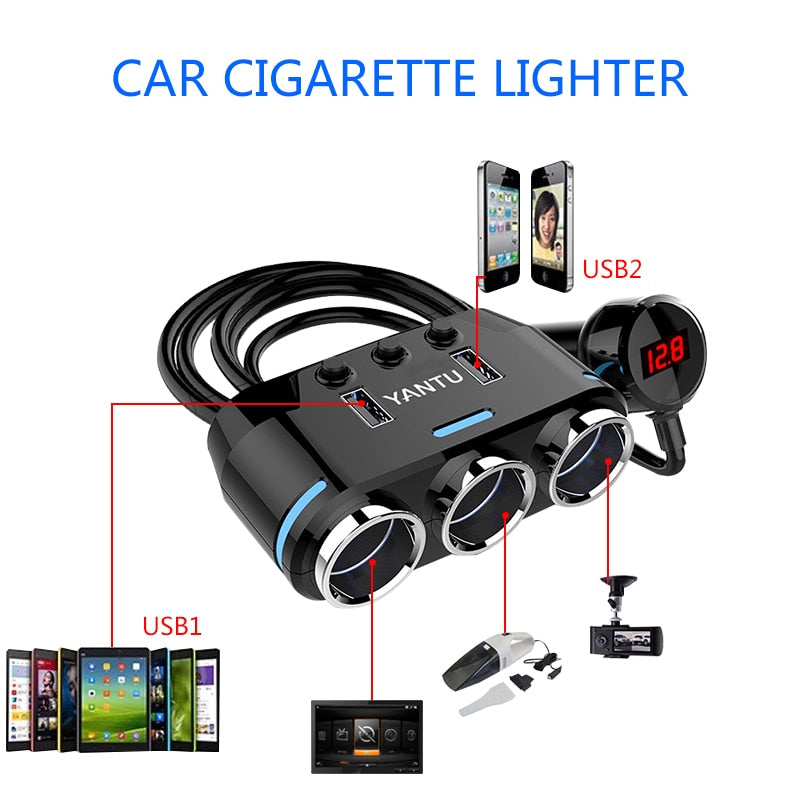 12V-24V Car Cigarette Lighter Socket Splitter Plug LED USB Charger Plug Adapter Port 3 Way Auto For Mobile Phone DVR Accessories