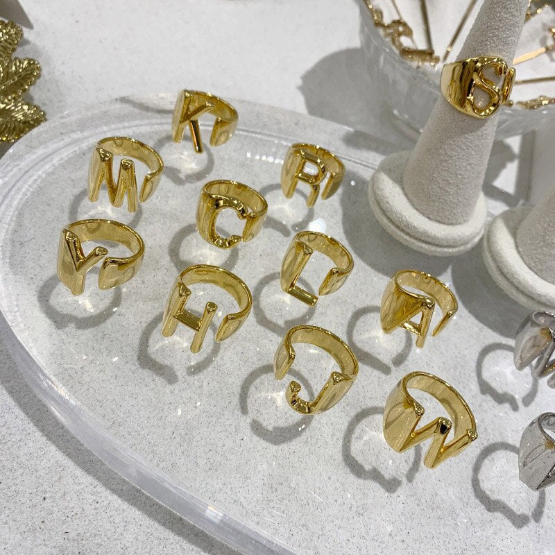 Foxanry 925 sello 26 anillos con letras en inglés para mujer moda Vintage Francia chapado en oro Irregular fiesta joyería regalos