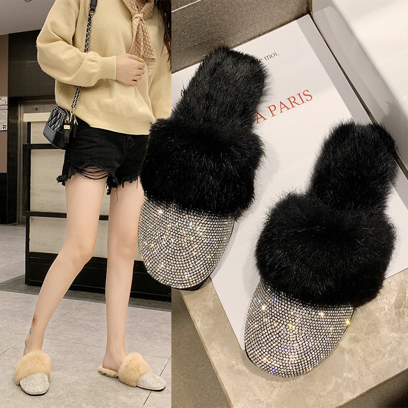 Women Slippers Ladies House Luxury 2023 Rhinestone Fur Crystal Winter Home Female Outdoor Mules Flats Shoes Slides For Women