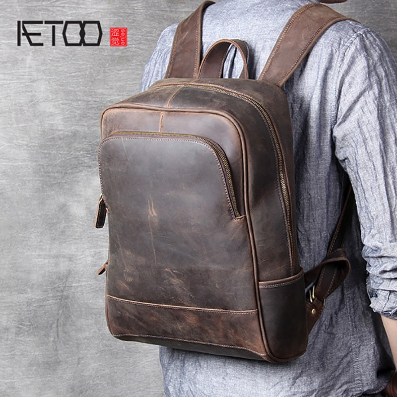 AETOO Retro head cowhide men's shoulder bag leather handmade computer backpack