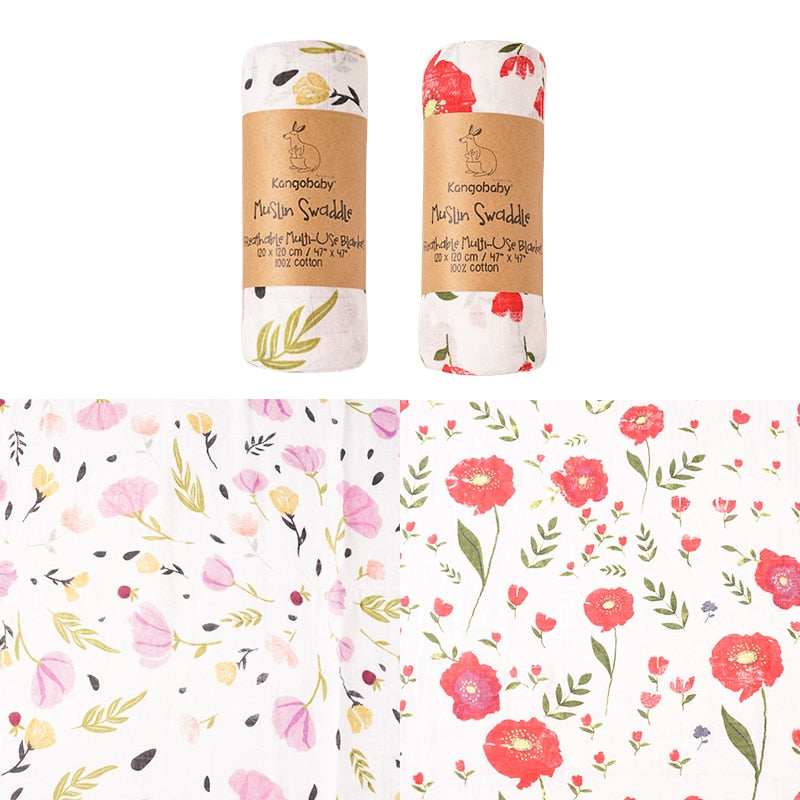 Kangobaby #My Soft Life# Brightly Colorful Flower And Leaf 2pcs Set Muslin Swaddle Blanket