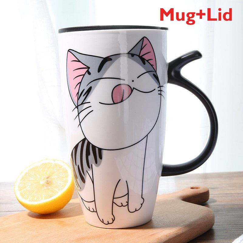 Taza de café de cerámica de gato bonito de 600ml con tapa, tazas de animales de gran capacidad, vasos creativos para beber, tazas de té y café, regalos novedosos, taza de leche