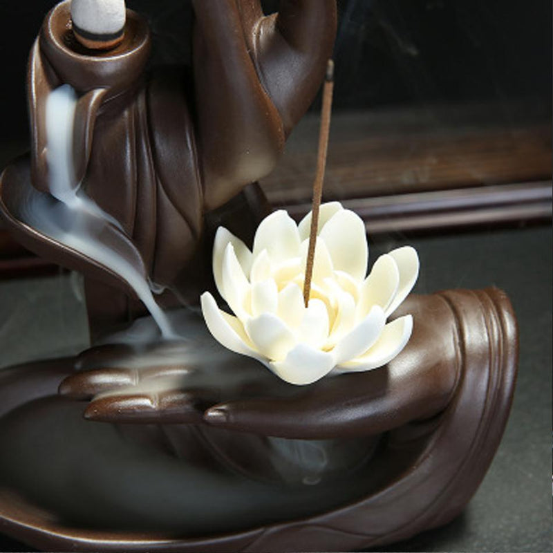 Zen Buddha Hand Incense Burners Backflow Incense Burner Holder Lotus Home Decor Joss Stick Aroma Tower Censer With20PCS Cones