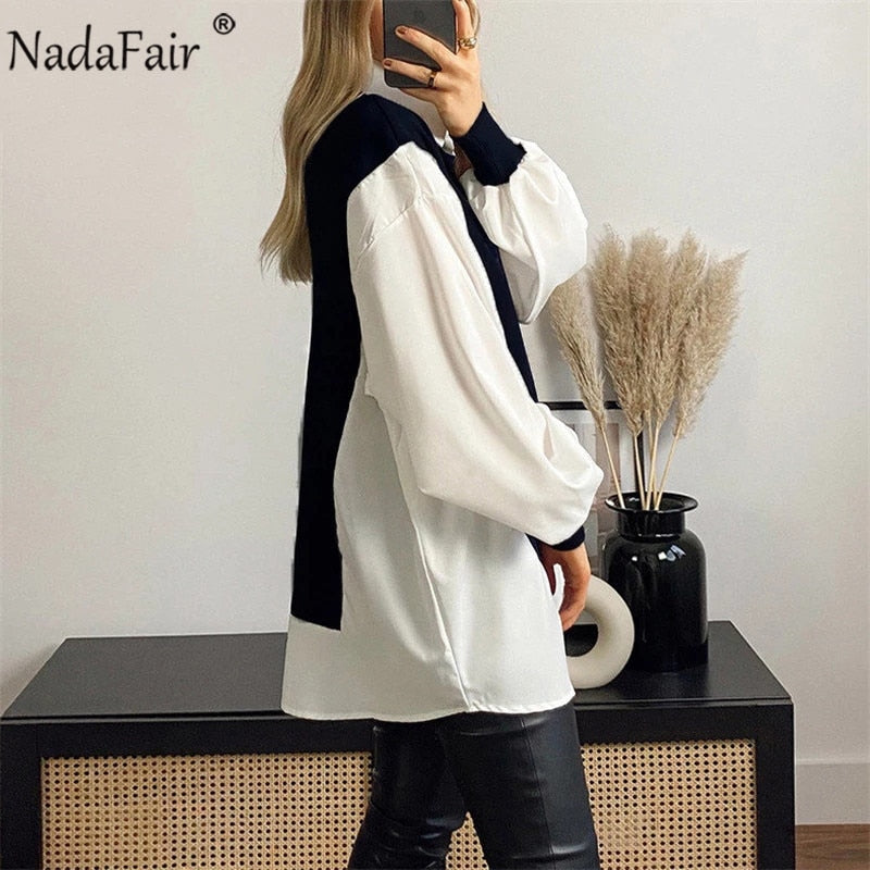 Nadafair 2021 Woman Dress Casual Patchwork Shirt Dress Spring Autumn Long Sleeve Loose Mini Dress Women Loungewear
