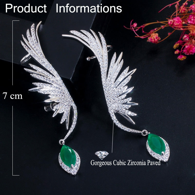 CWWZircons Luxury Full Cubic Zirconia Pave Popular Big Long Drop Feather Wing Ear Cuff Ohrringe for Women CZ625