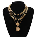 IngeSight.Z Punk Multi Layer Curb Cuban Chunky Thick Portrait Choker Necklace Women Vintage Carved Coin Pendant Necklace Jewelry