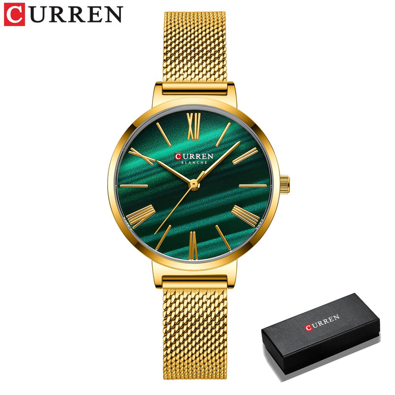 CURREN Mode-Luxusuhren für Frauen Malachit-Grün-Quarz-Kleid-Armband-Armbanduhr mit weiblicher Uhr aus Leder