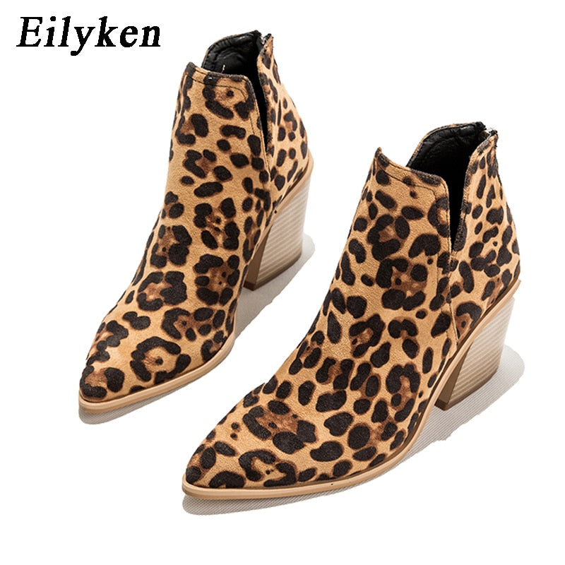 EilyKen Women Early Winter Ankle Boots Leopard Female Zipper Casual Black Cowboy Square Heel Booties Shoes Zapatos De Mujer