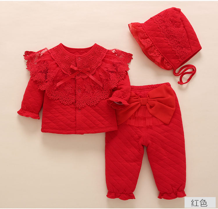 Conjunto de ropa de Otoño Invierno para niña recién nacida, ropa de abrigo acolchada cálida de grosor medio, pantalones y sombrero, trajes de princesa de encaje rosa