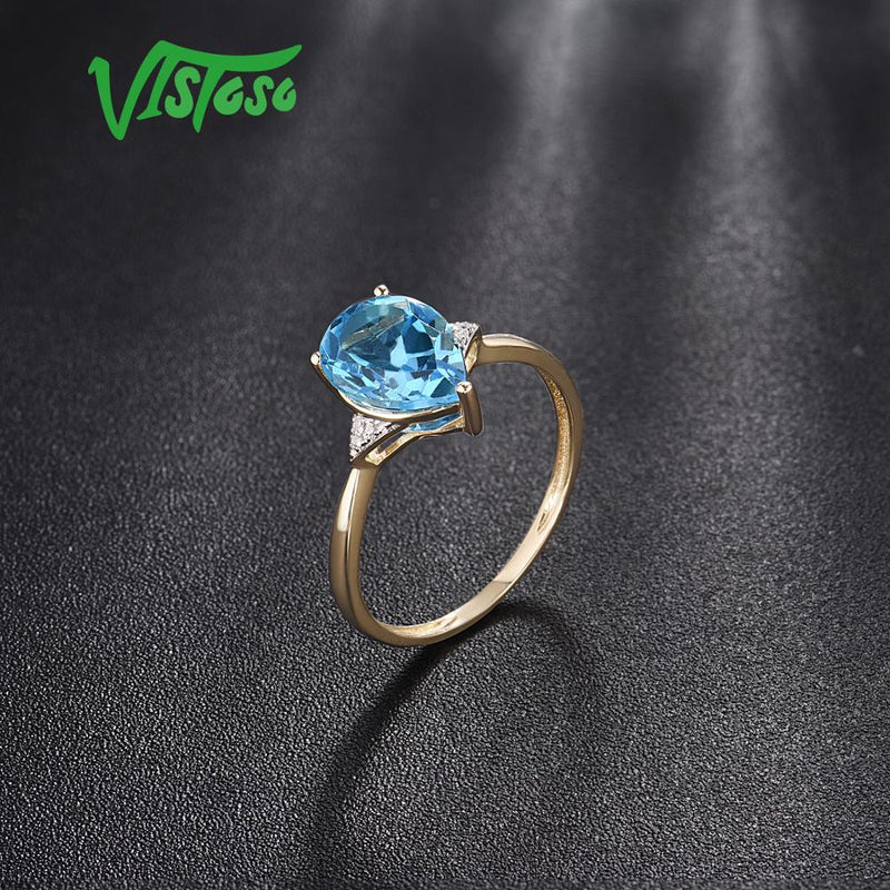 VISTOSO Ring aus reinem 14 Karat 585 Gelbgold für Damen, funkelnder Diamant, klarer blauer Topas, Jahrestag, klassischer feiner Schmuck