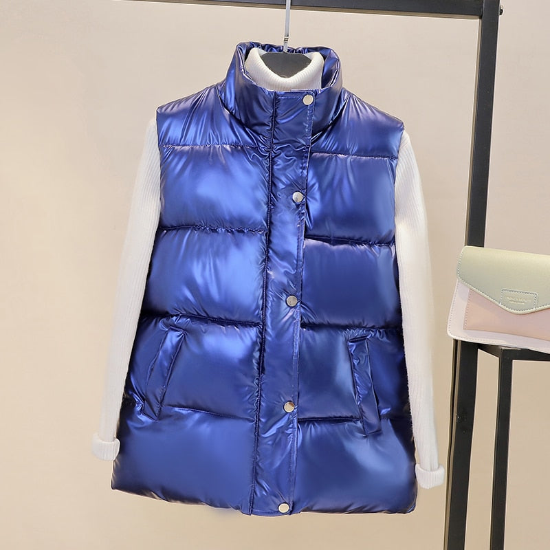 Plus size women autumn waistcoat Glossy bright 2021 vest winter Warm new Korean down vest  sleeveless jacket 3XL,4XL,black,blue