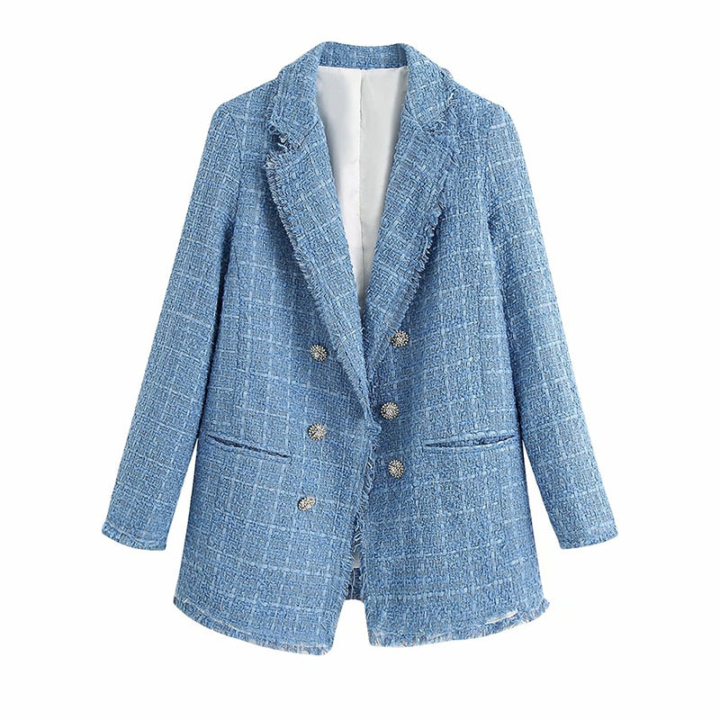 Za 2021 Women Suit Jacket Tweed Blazer Women Jacket Femme Plaszcz Wiosenny Damski Sobrecamisa Cuadros Plaid Checkered Blazer