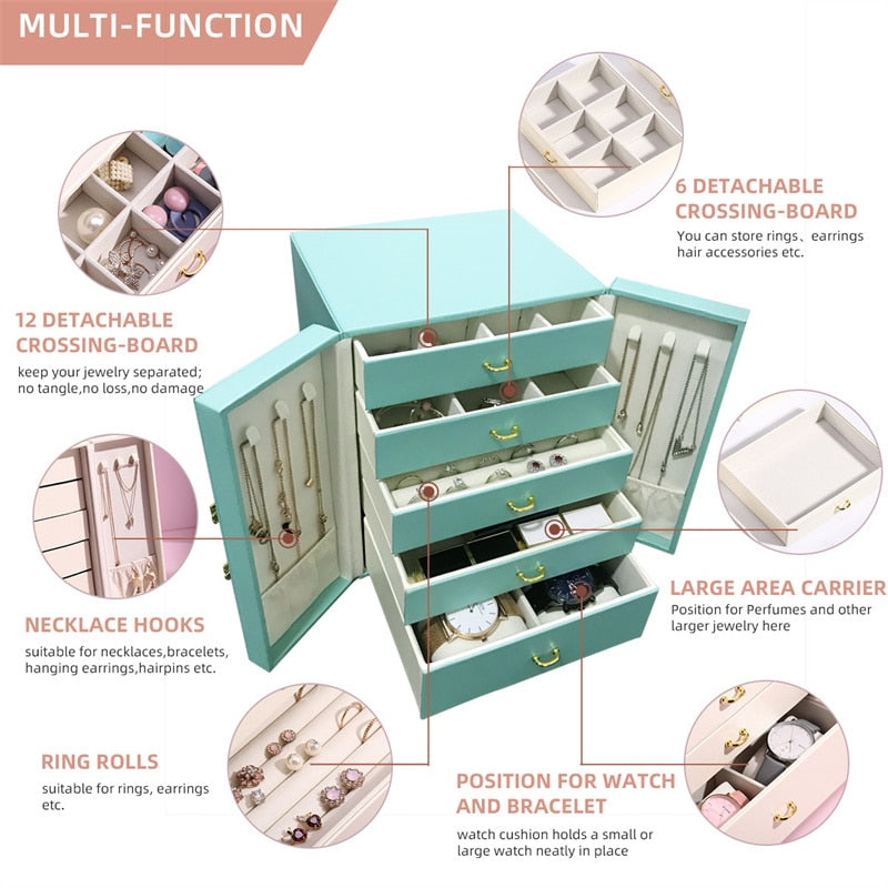 Cajón multicapa Casegrace, caja organizadora de joyas grande, caja de almacenamiento de joyas de cuero, caja de regalo, pendientes, reloj, collar, caja de armario