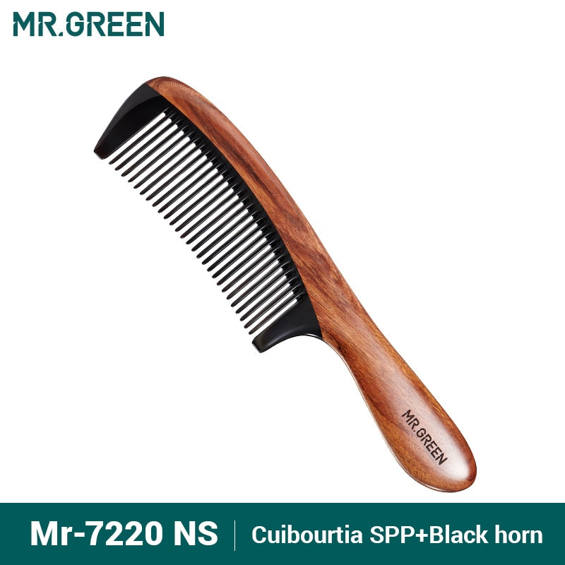 MR.GREEN Comb Natural Wood With Horn Splicing Structure Fine Tooth Hair Comb Anti-Static Head acupuncture point massage Gift