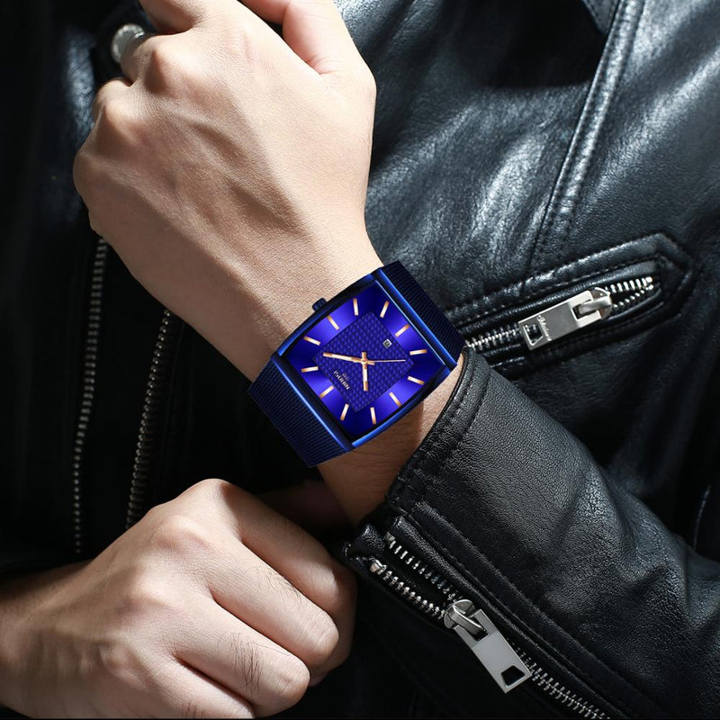 NIBOSI Mens Watches Top Brand Luxury Blue Square Quartz Watch Men Slim Waterproof Golden Male Wristwatch Men Relogio Masculino